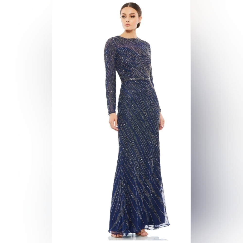 Mac Duggal Navy Blue Beaded Long Sleeve Evening Gown